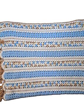 Vintage Handmade Granny Stripe Crocheted Throw Afghan 50”x 66”